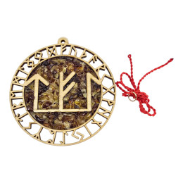 Amber stained glass pendant "Runic stave "Success in business" (13.5 x 14.5 x 0.7 cm)