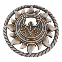 The panel "Amulet Lunnitsa" is carved, (28×29×2.5 cm) solid wood, covered with patina, enamel and varnish.
